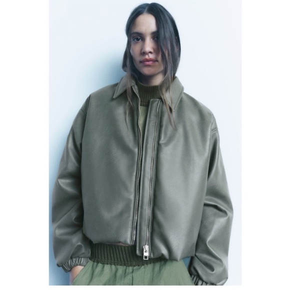 NWT. Zara Green Faux Leather Bomber Jacket. Size L. - Picture 1 of 14